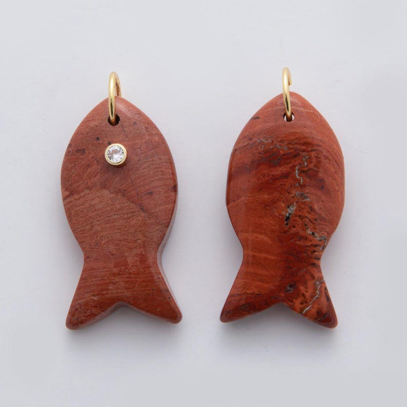 18k Gold Filled 38.8mm Big Gemstone Fish Pendant Natural Stone CZ Charm for Necklace Bracelet Jewelry Making DIY Supply | D265 Red Carnelian