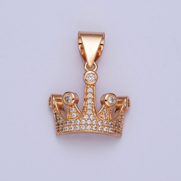 18K Gold Dainty Queen Royal Crown Micro Pave CZ Stones Pendant, King Queen Crown Design Charm | X-379