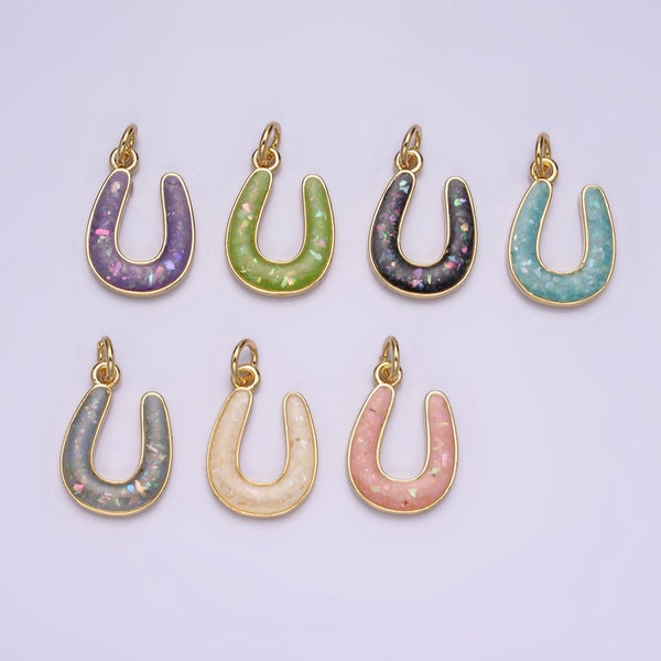 1 Piece Dainty Opal HorseShoe Charm Lucky Gold Filled Bezel Horse Shoe Dangle Pendant Lightweight Opal Drop Charm N-1000