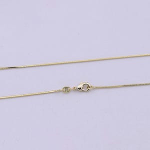 May include: A gold chain necklace with a lobster clasp closure. The chain is thin and delicate.