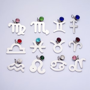 Add on Small Stainless Steel Zodiac Charms Birthstone CZ Astrological Zodiac Signs Symbols, Birthday Personalized Horoscope Charm