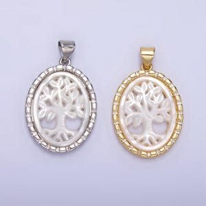 14k gold filled shell pearl tree of life charm medallion oval pendant | aa1257