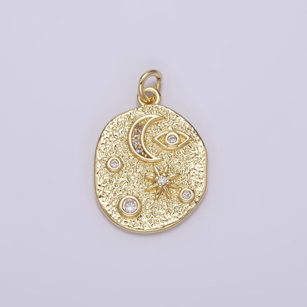 14K Gold Filled Hammered Rustic Coin Evil Eye Celestial Crescent Moon Star Textured Oval Charm | AG211