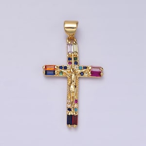 14K Gold Filled 30mm Multicolor Baguette Micro Paved CZ Crucifix Cross Pendant Religious Jewelry Making Supply | AH048