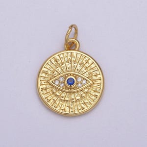 Micro pave blue cz sunburst evil eye charm round disc charm gold filled diy for necklace earring bracelet component, n-865