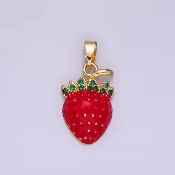 Pendentif fraise en or délicat, breloque de collier de fruits en émail breloque de fruits mignons pierre CZ verte bijoux alimentaires inspirés pour la fabrication de bijoux N-1832
