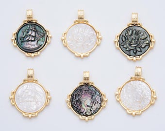 18K Gold Filled Women Lady Face Portrait Cameo Nautical Floral Natural Abalone Pearl Bezel Round Charm | AF-831