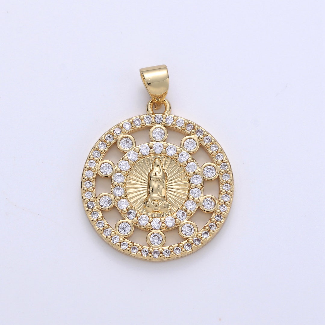 24k Gold CZ Virgin Mary Pendant, Lady Guadalupe Cubic Zirconia Charm ...