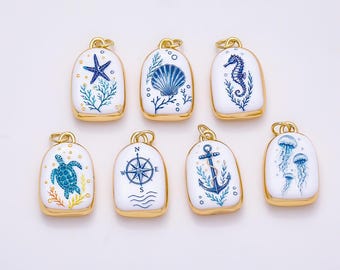 16k Gold Filled 21mm Ceramic Style Blue & White Enamel Nautical Marine Charms Turtle Seahorse Starfish Pendant Jewelry Supply | CHARMS-01280