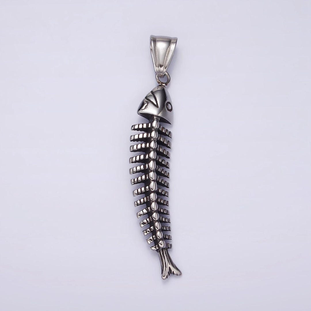Stainless Steel 59mm Ocean Sea Fish Animal Skeleton Bone Curved Pendant ...