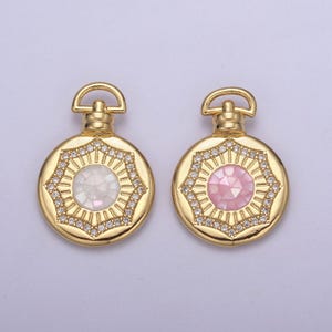 24k gold round pink/white circle medallion with micro pave cubic zirconia love & friendship gift, charm pendant for jewelry making findings