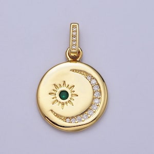 14k gold filled celestial sun crescent moon round coin charm cubic zirconia moon star pendant | h353