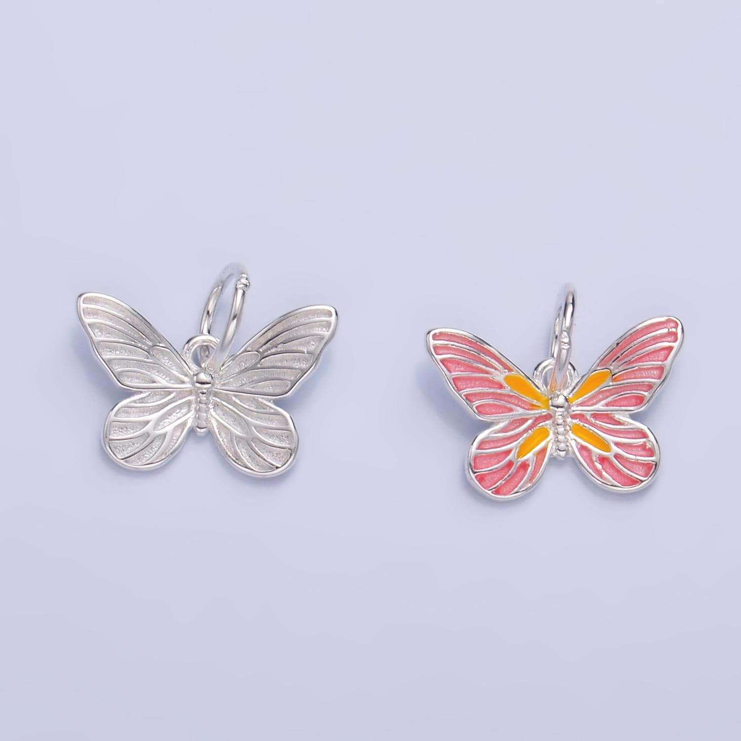 2 Breloques Charms Métal Argenté - Cœur Et Papillon Rose/jaune Pour Bracelet Perle