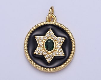 Gold Star of David Coin Medallion Pendant, 14K GP Clear Emerald Green Micro Paved CZ Black Enamel Croissant Twist Jewish Charm | X-725