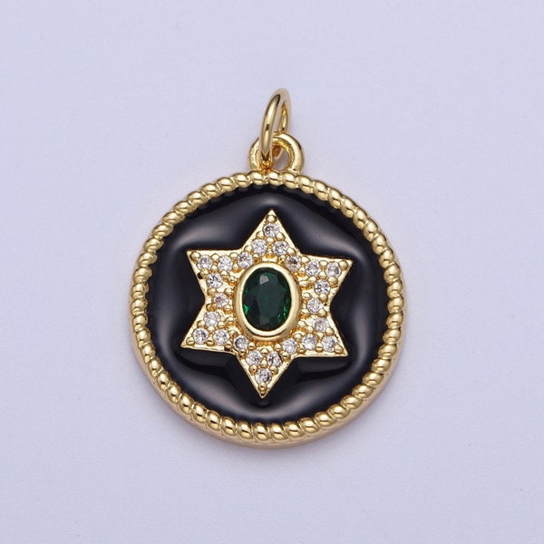 Gold Star of David Coin Medallion Pendant, 14K GP Clear Emerald Green Micro Paved CZ Black Enamel Croissant Twist Jewish Charm | X-725