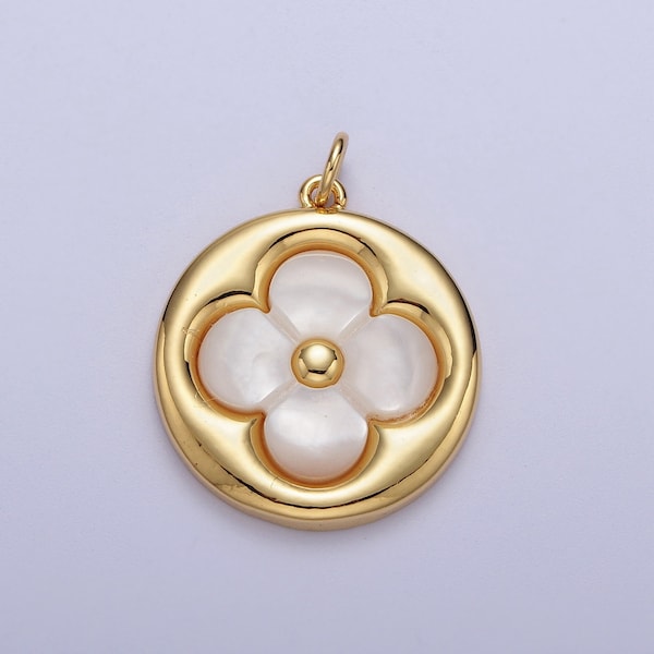 Gold Pearly White Four Leaf Lucky Charm Flower Round Button Charm, 14K Gold Plated Shell Pearl Clover Florette Floral Pendant | C-706