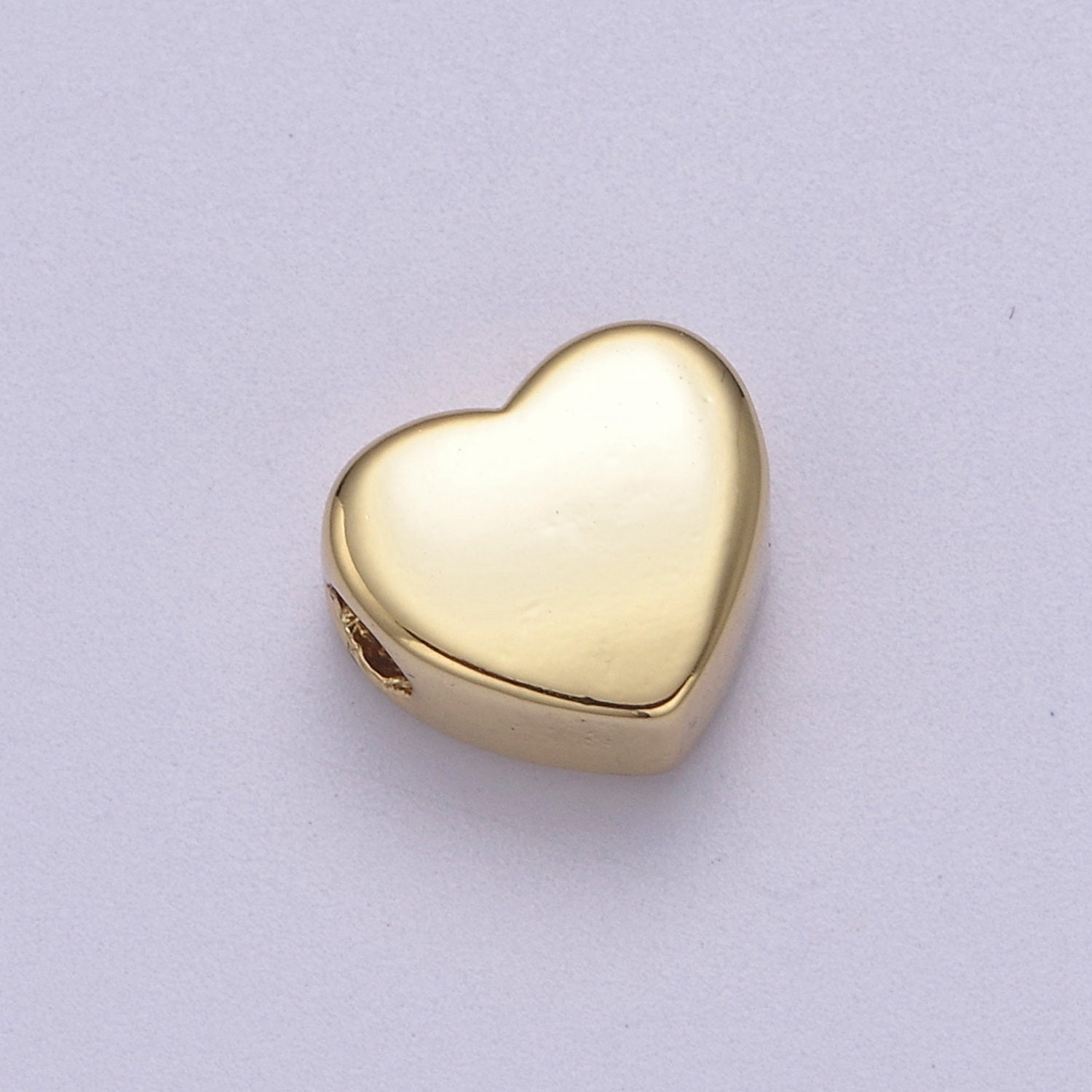 Gold Heart Bead, 5 Pc Genuine 18 K Gold Heart Shape Plated Beads with Hole  #611, Side to Side 2 mm Holes