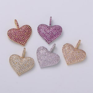 1x Big Heart Pendant, Micro Pave Heart Necklace Pendant in Gold Heart Charm Clear Purple Fuschia Cubic Heart Charm 17X21mm