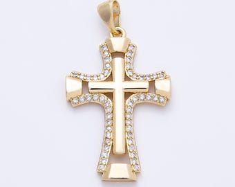 14K Gold Filled 33mm Micro Paved CZ Double Open Flared Cross Pendant Religious Charm for DIY Necklace Jewelry Making Supplies | Charms-01261