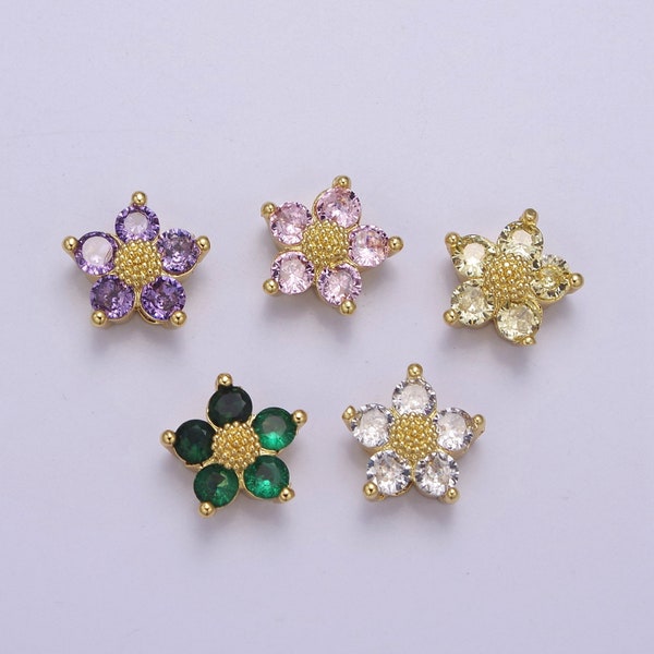 Dainty CZ Flower Spacer Bead, Gold Floral Spacer Beads Pink Clear Purple Green CZ Spacer Beads, Small Daisy Spacers for Bracelet Necklace