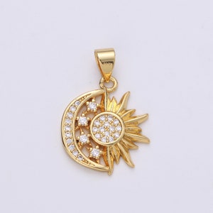 Sun, Moon, and Stars Pendant, 24K Gold Filled and Deep Rose Gold Micro Pave CZ Celestial Sunshine Crescent Moon Charm | I-912, X-457