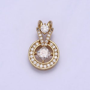 14K Gold Filled Clear Rhombus CZ Round Micro Paved Charm Geometric Pendant Minimalist Jewelry Component | AA038