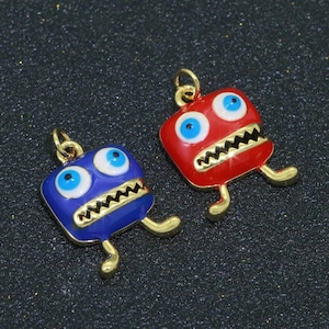 Cute dainty monster charm, enamel robot pendant halloween kids monster charm for necklace earring bracelet component blue red monster