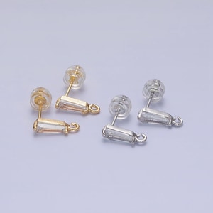 Mini baguette cut cz diamond stud earring gold earring post with open link for earring supply silver post stud earring z184 z185