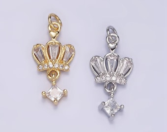 18k gold filled silver tiara charm, micro cz pave princess crown pendant, diy fashion jewelry making supply for necklace, bracelet m114