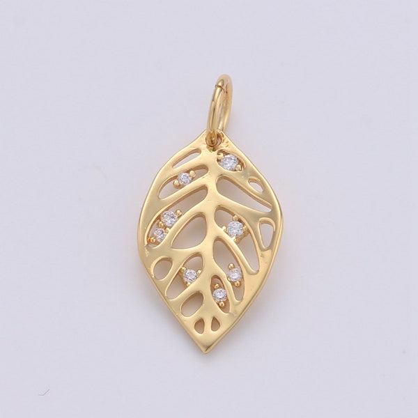 1x Dainty Gold Monstera Leaf Charms Pendant, Gold Leaf Charm DIY Earring Necklace Jewelry Accessory DIY Craft Micro Pave Charm, CHGF-1599