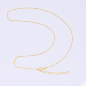 May include: A delicate gold-colored necklace with a fine chain. The necklace features a small clasp and an adjustable chain extension. The jewelry is displayed against a plain white background.