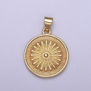 24k Gold Filled Round Coin Medallion Pendant, Sunburst Charm Necklace, Geometric Celestial Jewelry Supply H-393