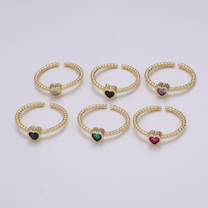 Dainty colorful cz heart adjustable ring, gold love open ring, black blue clear fuschia green purple heart jewelry trend ring-364