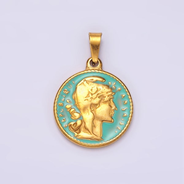 Gold Republic of Roman Coin Charm Pendant Stainless Steel Teal Enamel Pendant P835