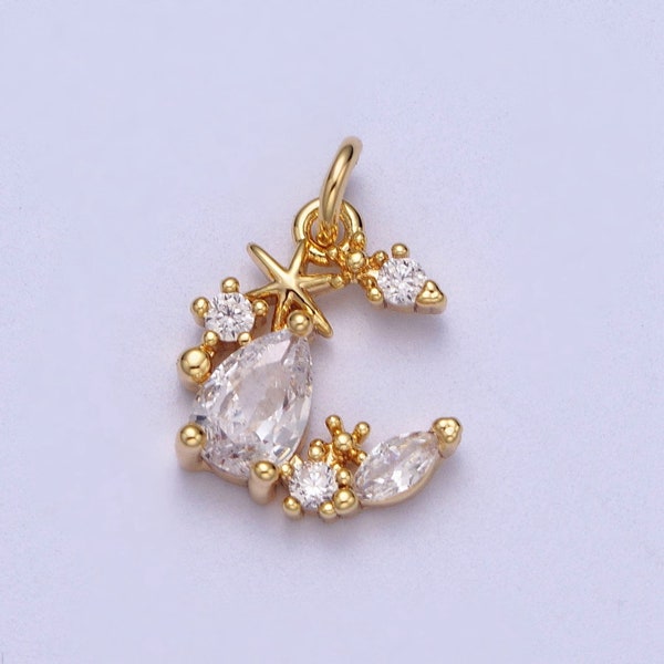 Tiny Gold CZ Diamonds Moon and Star Pendant, 16K Gold Filled Clear Micro Paved CZ Moon Stars Beaded Celestial Charm | N-100, N-136