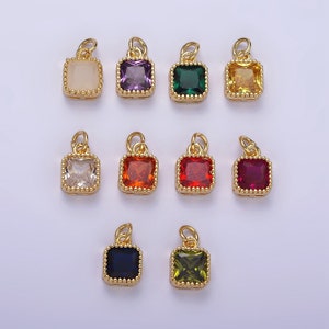 16K Gold Filled 7.5mm Multifaceted Birthstone CZ Square Personalized Charm N1047 N1055 image 1