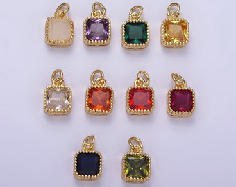 16K Gold Filled 7.5mm Multifaceted Birthstone CZ Square Personalized Charm | N1047 - N1055