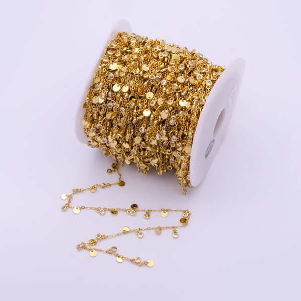 Chaîne de paillettes CZ à disque rond rempli d'or 24 carats par mètre, chaîne de pièces d'or en vrac en gros, chaîne de cheville, bracelet, tour de taille de danseuse du ventre | ROULEAU-816