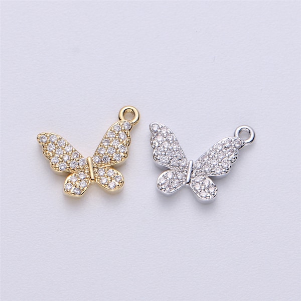 13x12mm CZ Butterfly Pendant, Gold and Silver Micro Pave CZ Cubic Zirconia Mariposa Butterfly Charms | E-224, E-225