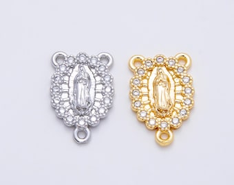 16K Gold Filled 18.5mm Mother Mary Micro Paved CZ Oval Triple Connector in Gold & Silver Rosary Centerpiece DIY Bracelet | Connectors-00028