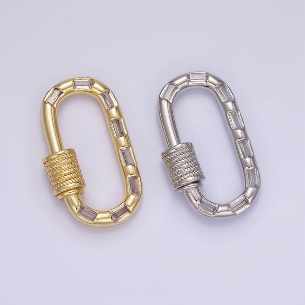 14K Gold Filled Carabiner Screw Lock CZ Baguette Lined Oval Clasp for Charm Holder Finding Supply in Gold & Silver | Z450