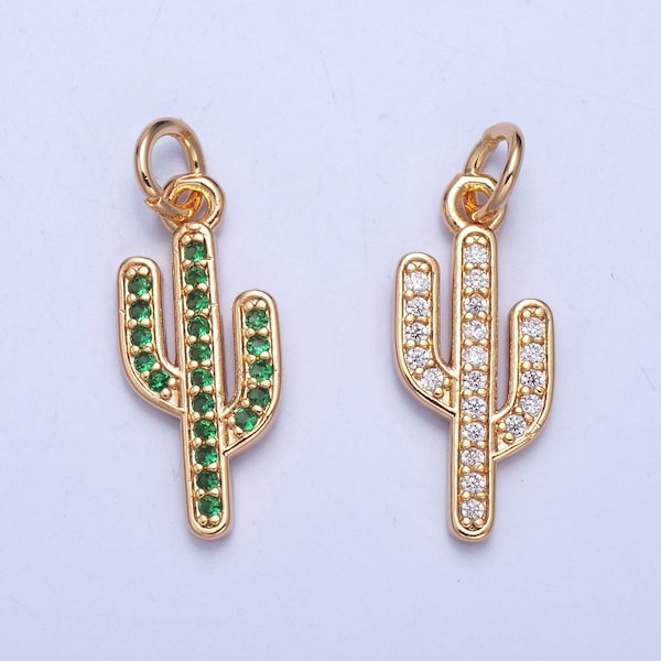 24K Gold Thin Cactus Colored/Clear Micro Pave CZ Clear Stone Pendant, Add on Charm Crystal Cz for Necklace Bracelet Supply | X-036, X-037
