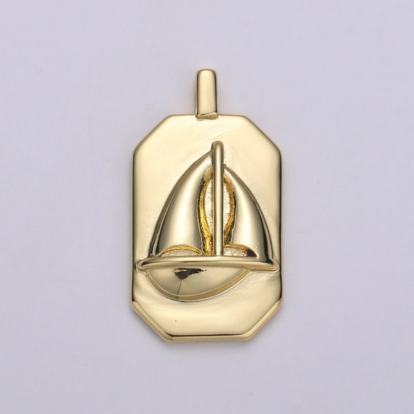 14K Gold  Sailboat Charm- Rectangle Medallion Sailboat Pendant - Dainty Charm - for Necklace Bracelet Earring Component | J-034