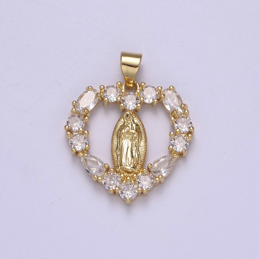 14K Gold Virgin Mary on Heart Emblem Shape Pendant Religious Charm Lady ...