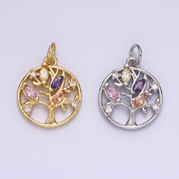 14K Gold Filled Multicolor Marquise CZ Leaf Tree Open Round Charm in Gold & Silver | N1500 N1501