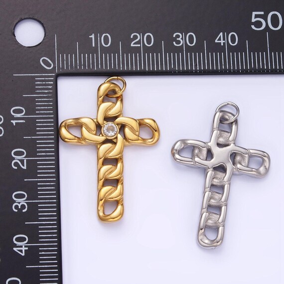 Stainless Steel Chain Textured Cz Cuban Cross, Cholo Fit | P-965