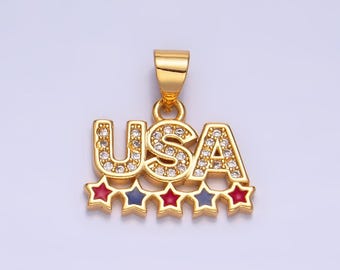Cubic gold usa charm with star enamel united states patriotic 4th of july inspired necklace bracelet earring aa-1068