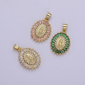 24K Gold Filled Lady Guadalupe Charm Micro Pave Oval Virgin Mary Pendant for Religious Jewelry Making j-499