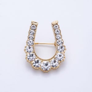 May include: A gold-colored horseshoe brooch, encrusted with clear, sparkling crystals. The brooch has a pin on the back for easy attachment to clothing or accessories. The crystals are round and vary in size.