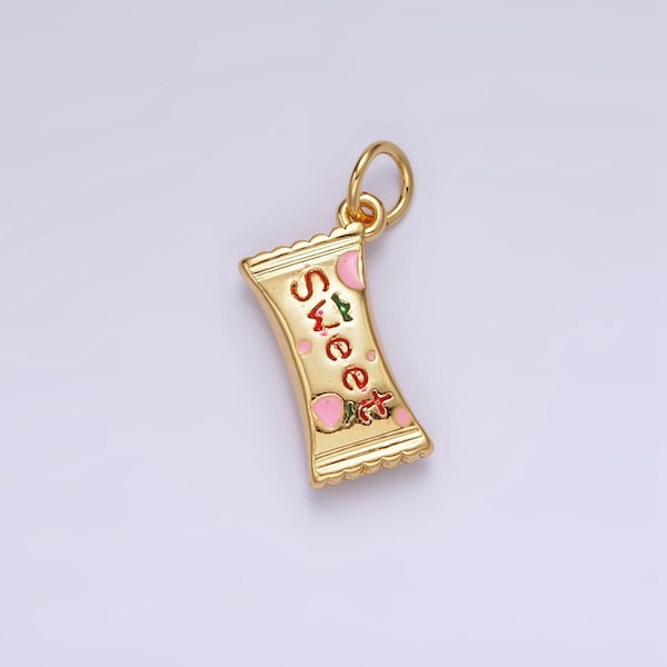 Caramella alla fragola riempita d'oro 14k, involucro smaltato con scritta dolce, ciondolo aggiuntivo gonfio, snack alimentare, gioielli ispirati / ag405